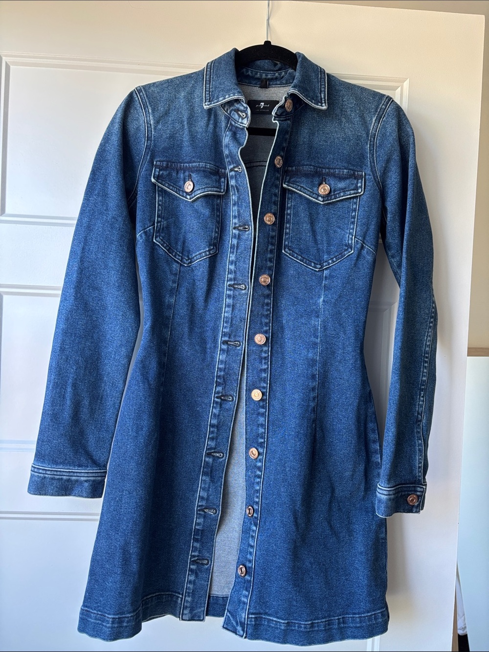 7 For All Mankind Dark Blue Denim Button-Front Long Sleeve Dress
